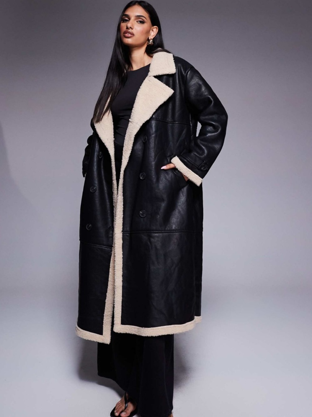 Princess Polly Black Faux Leather Long Shearling Coat